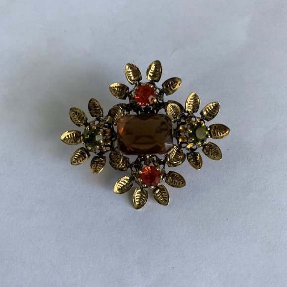 Vintage AMBER Peridot Red Rhinestone Pin Brooch Gold Tone Made AUSTRIA 1.5” - Picture 2 of 12